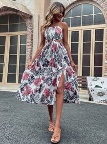 SHEIN Unity Cut Out Waist Tropical Halter Dress - Multicolor - View 4