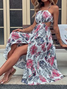 SHEIN Unity Cut Out Waist Tropical Halter Dress - Multicolor - View 7