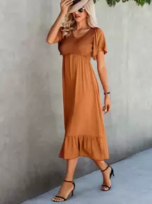 Shirred Ruffle Hem Dress - Orange - View 3
