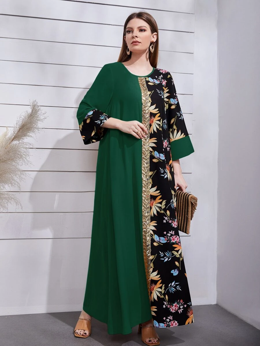 Al Najma Sequin Tape Front Spliced Floral Dress - Multicolor - View 1