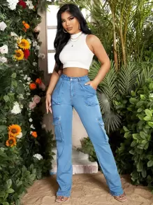 SHEIN SXY Flap Pocket Cargo Jeans - Light Wash - View 3