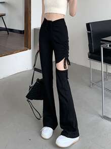 黑色镂空褶皱抽绳喇叭裤，休闲春季款 - 黑色 - 查看 1