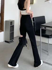 黑色镂空褶皱抽绳喇叭裤，休闲春季款 - 黑色 - 查看 2