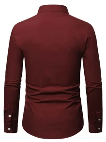 Manfinity Men Solid Mock Neck Button Up Shirt - Burgundy - View 2