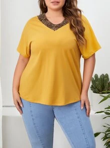 EMERY ROSE 大碼豹紋印花V領T恤 - 芥末黃 - 查看 1