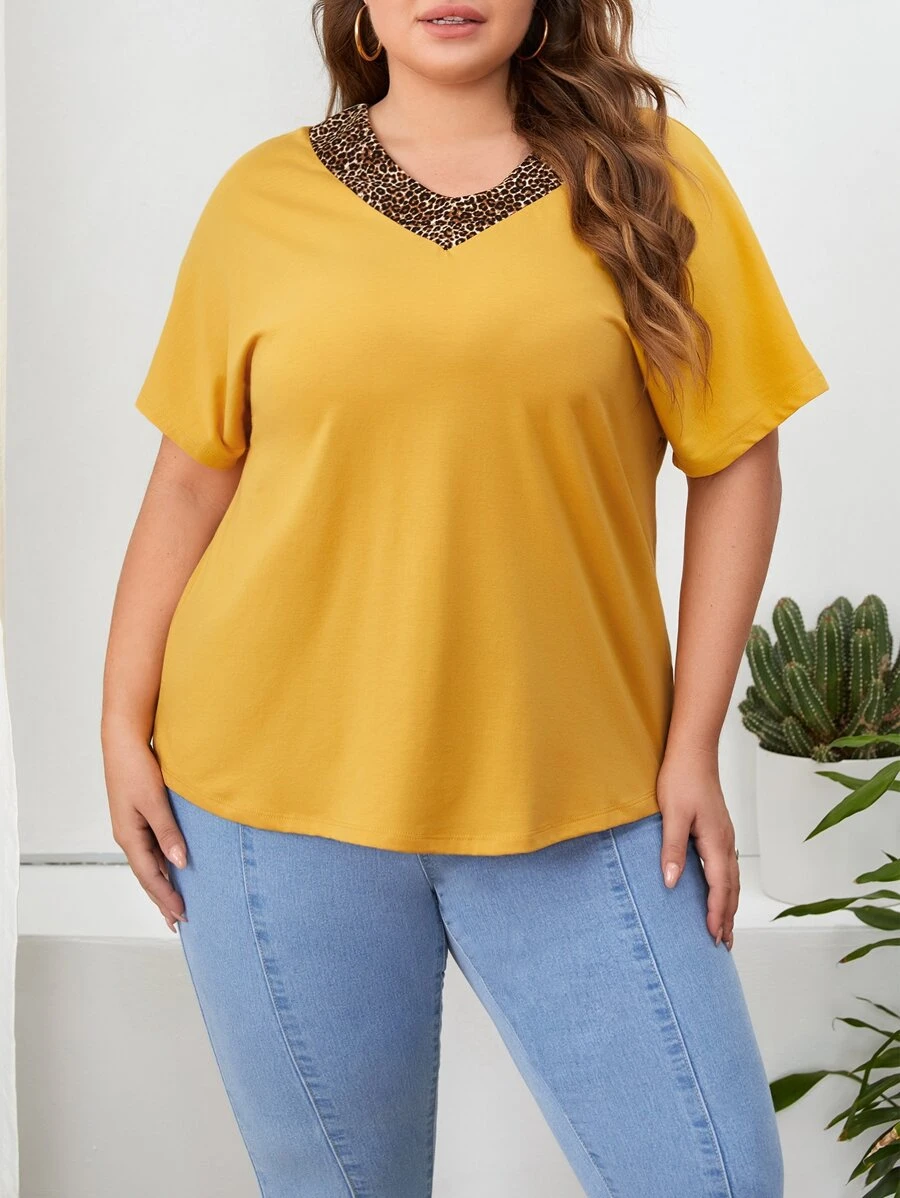 EMERY ROSE 大碼豹紋印花V領T恤 - 芥末黃 - 查看 1