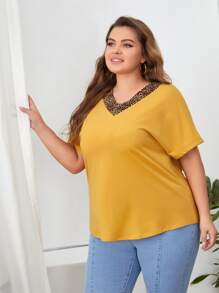 EMERY ROSE 大碼豹紋印花V領T恤 - 芥末黃 - 查看 5