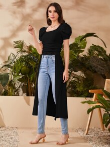 Mulvari 方領泡泡袖前短後長上衣 - 黑色 - 查看 5