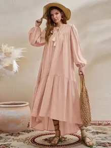 Seusyu 燈籠袖繫帶領前短後長娃娃裙