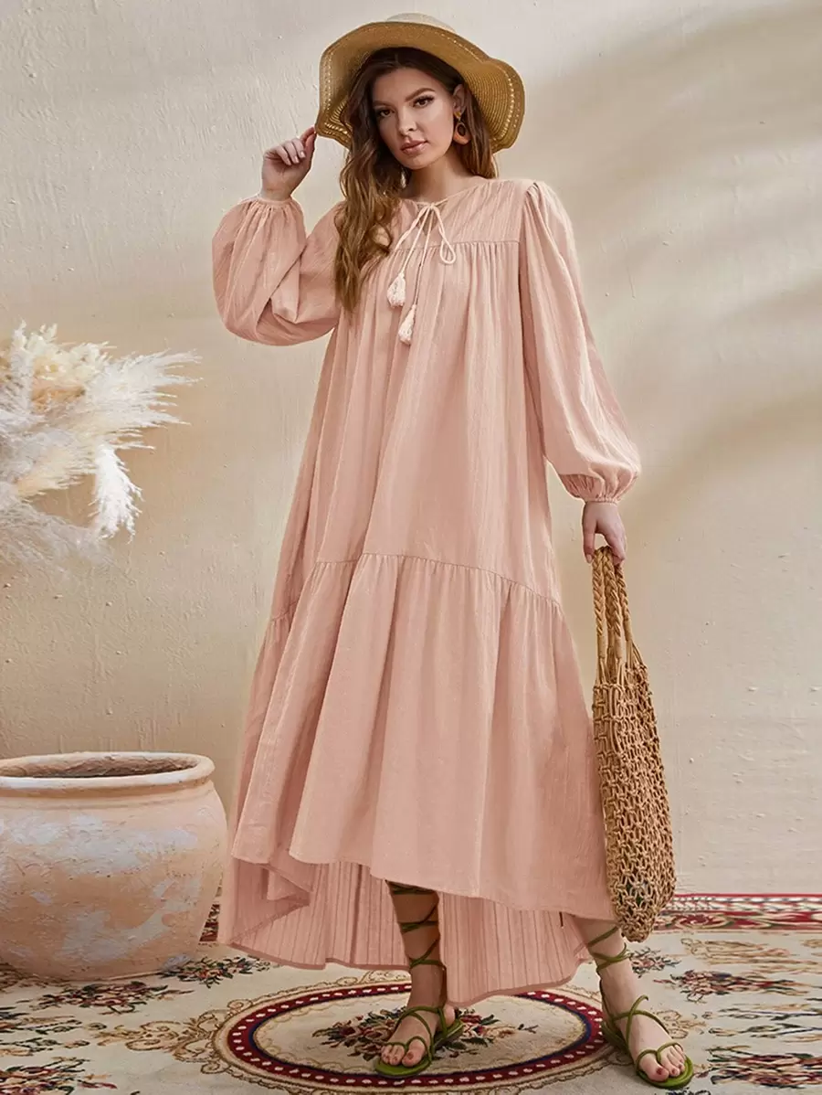 Seusyu 燈籠袖繫帶領前短後長娃娃裙