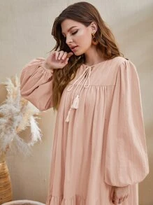 Seusyu 燈籠袖繫帶領前短後長娃娃裙