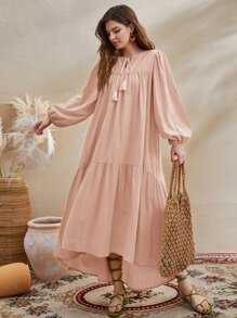 Seusyu 燈籠袖繫帶領前短後長娃娃裙