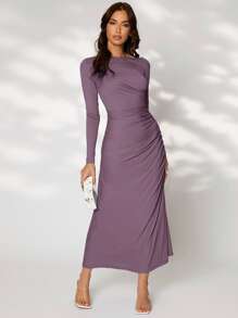 Modelyn Solid Ruched Side Dress - Mauve Purple - View 1