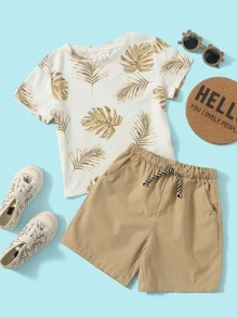 SHEIN Young Boy Tropical Print Tee & Drawstring Waist Track Shorts - Multicolor - View 1