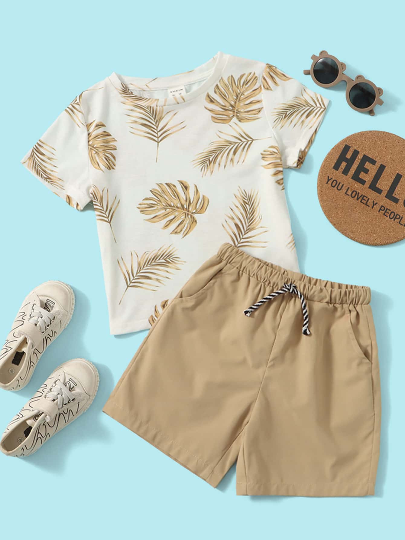 SHEIN Young Boy Tropical Print Tee & Drawstring Waist Track Shorts - Multicolor - View 1