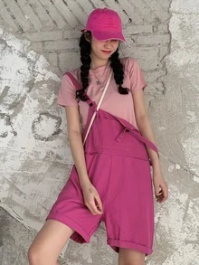 Shorts overol mezclilla unicolor con bolsillo delantero - Rosa Fucsia - Ver 3