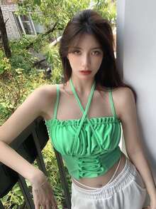 Top de tirantes corto unicolor pecho con fruncido con cordón - verde menta - Ver 1