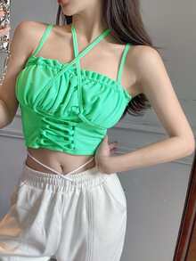 Top de tirantes corto unicolor pecho con fruncido con cordón - verde menta - Ver 3