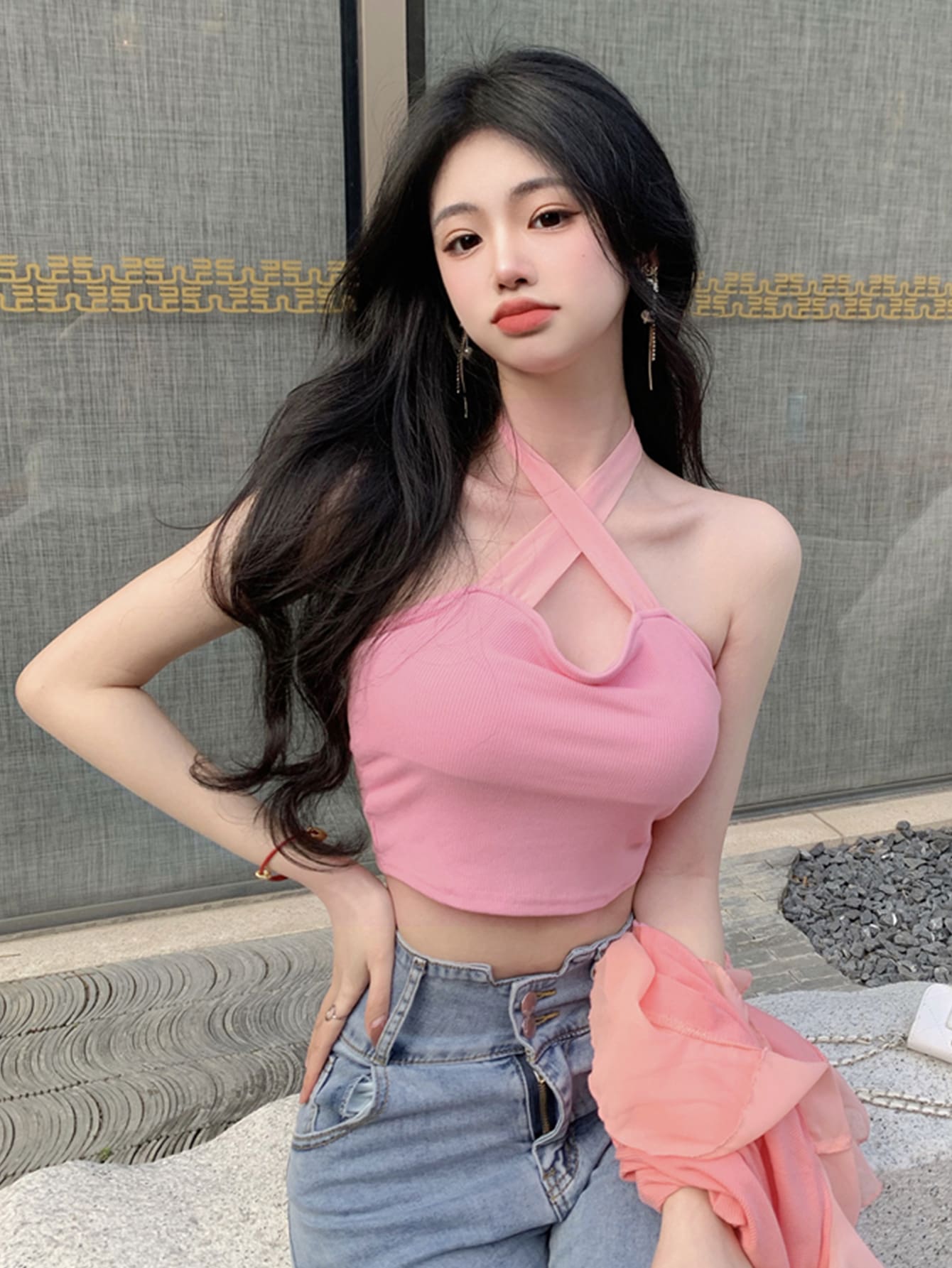 Solid Criss Cross Tie Halter Crop Top - Baby Pink - View 1