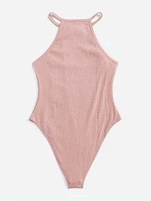 SHEIN Privé 大碼繞頸螺紋針織連身背心 - 藕粉色 - 查看 2