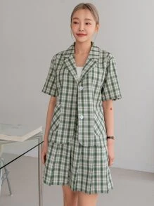 DAZY 格紋雙口袋前紐扣西裝外套和百褶半身裙 - 綠色 - 查看 4