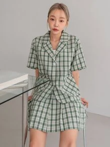 DAZY 格紋雙口袋前紐扣西裝外套和百褶半身裙 - 綠色 - 查看 7