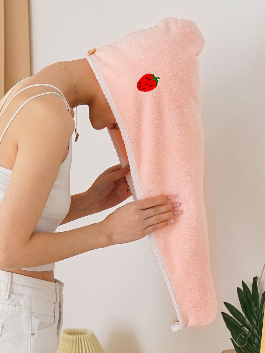 1 pieza Toalla de cabello con bordado de fresa - Rosa - Ver 1
