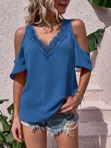 SHEIN LUNE Cold Shoulder Eyelash Lace Trim Blouse - Navy Blue - View 3