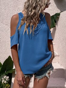 SHEIN LUNE Cold Shoulder Eyelash Lace Trim Blouse - Navy Blue - View 6