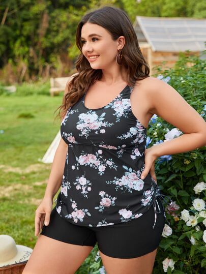 SHEIN Swim Curve 220 طقم تنكري بشورت خصر عالي بسحاب وتصميم متقاطع بطبعة زهرية للأحجام الكبيرة للصيف والشاطئ