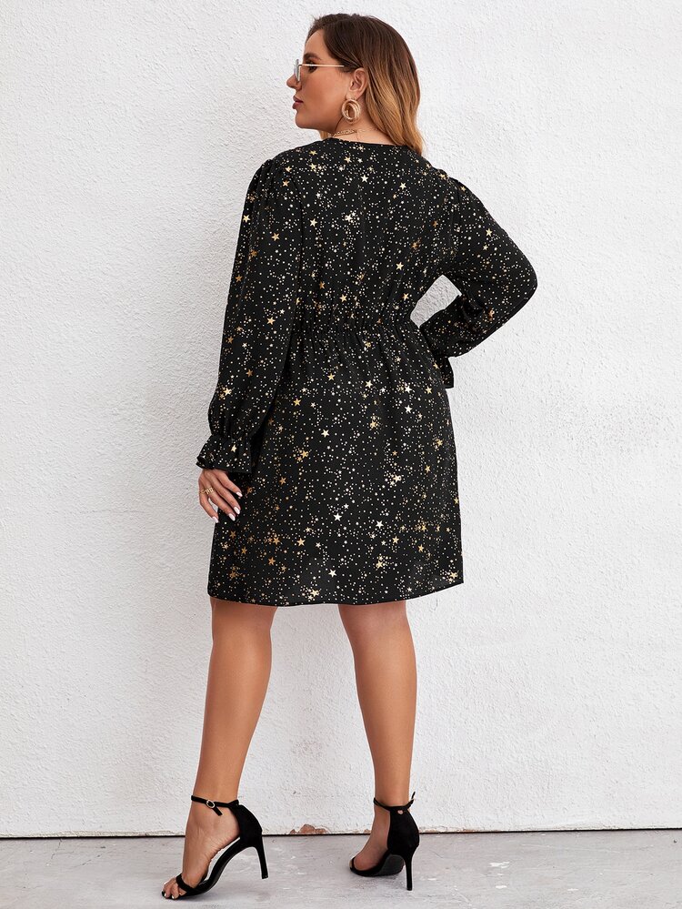 SHEIN Clasi Plus Gold Galaxy Print Flounce Sleeve Dress - Black - View 2