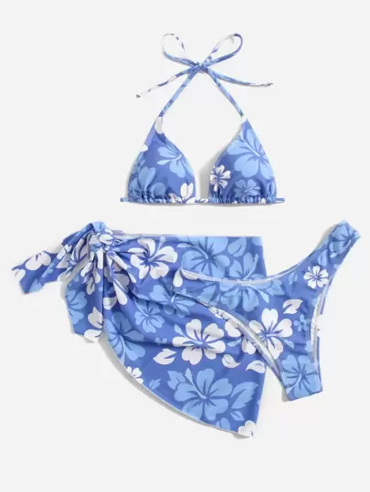Swim Mod Summer Beach Floral Bikini Set Halter Micro Triangle Bra & Bikini Bottom & Cover Up Skirt 3 Piece Bathing Suit