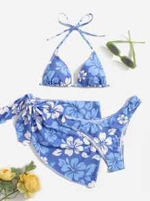 Swim Mod Summer Beach Floral Bikini Set Halter Micro Triangle Bra & Bikini Bottom & Cover Up Skirt 3 Piece Bathing Suit - Blue - View 3