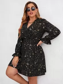 SHEIN Clasi 大碼金色星空圖案荷葉袖連衣裙 - 黑色 - 查看 3