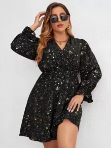 SHEIN Clasi 大碼金色星空圖案荷葉袖連衣裙 - 黑色 - 查看 4