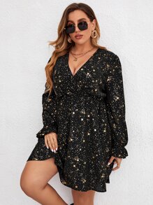 SHEIN Clasi 大碼金色星空圖案荷葉袖連衣裙 - 黑色 - 查看 5