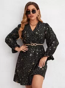 SHEIN Clasi 大碼金色星空圖案荷葉袖連衣裙 - 黑色 - 查看 6