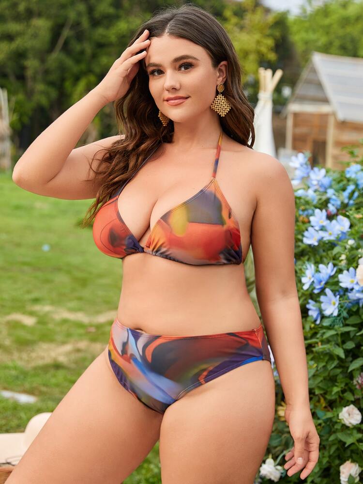 Plus Size 3packs Tie Dye Halter Triangle High Waisted Bikini Set & Cover Up Summer Beach - Multicolor - View 4