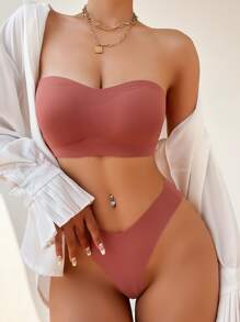 素色抹胸內衣套裝 - 乾枯玫瑰色 - 查看 5