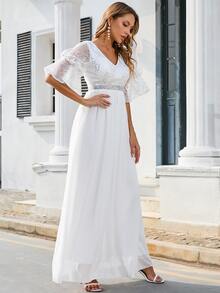Flounce Sleeve Contrast Sequin Chiffon Wedding Dress Without Veil