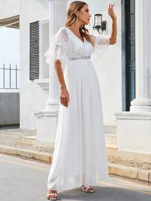 Flounce Sleeve Contrast Sequin Chiffon Wedding Dress Without Veil