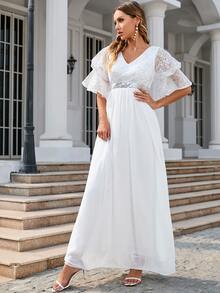 Flounce Sleeve Contrast Sequin Chiffon Wedding Dress Without Veil