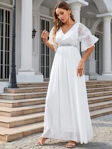 Flounce Sleeve Contrast Sequin Chiffon Wedding Dress Without Veil