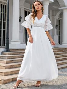 Flounce Sleeve Contrast Sequin Chiffon Wedding Dress Without Veil