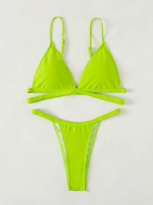 Bikini de tanga cruzada para playa de verano - Verde Lima - Ver 3