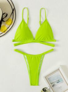 Bikini de tanga cruzada para playa de verano - Verde Lima - Ver 4