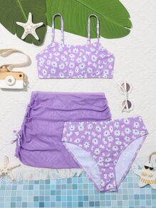 青少年女孩花卉抽绳比基尼套装带沙滩裙夏季海滩