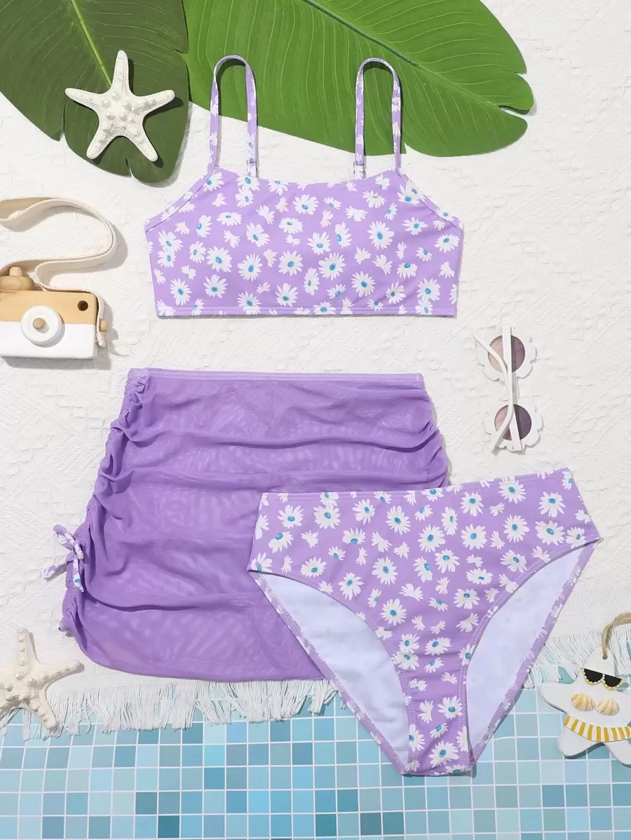 青少年女孩花卉抽绳比基尼套装带沙滩裙夏季海滩