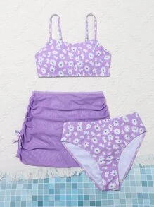 青少年女孩花卉抽绳比基尼套装带沙滩裙夏季海滩