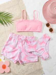 Tween Girl 3packs Random Tropical Print Frill Trim Bikini Set Summer Beach - Baby Pink - View 1